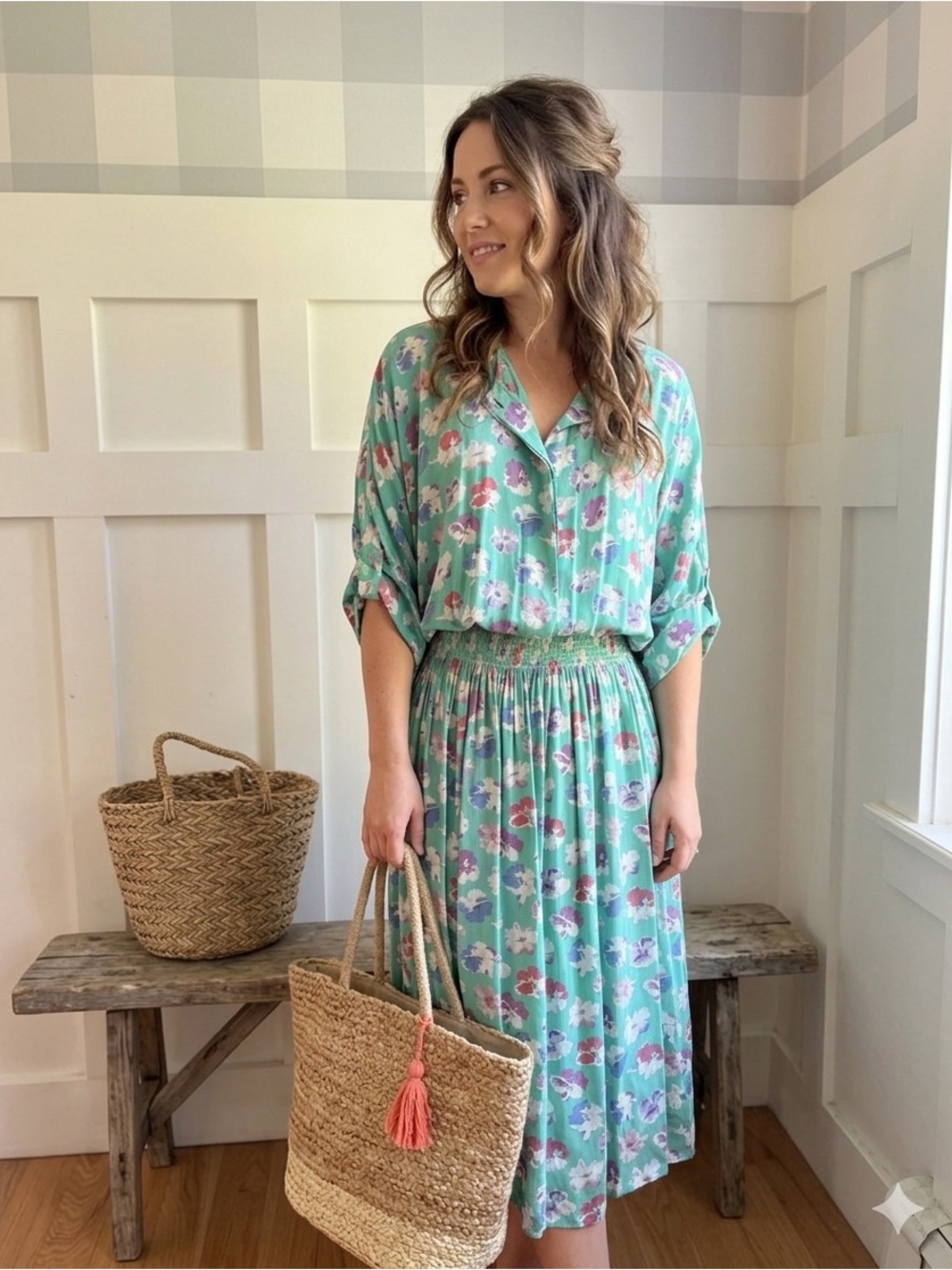 70’s Vintage Maggy London Mint Green Floral Button-Front Midi Dress Size 10